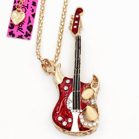 Music Lovers! Electric GUITAR Red & White Enamel & Rhinestone Pendant Necklace - Picture 4 of 8